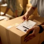 Person applying barcode label to box